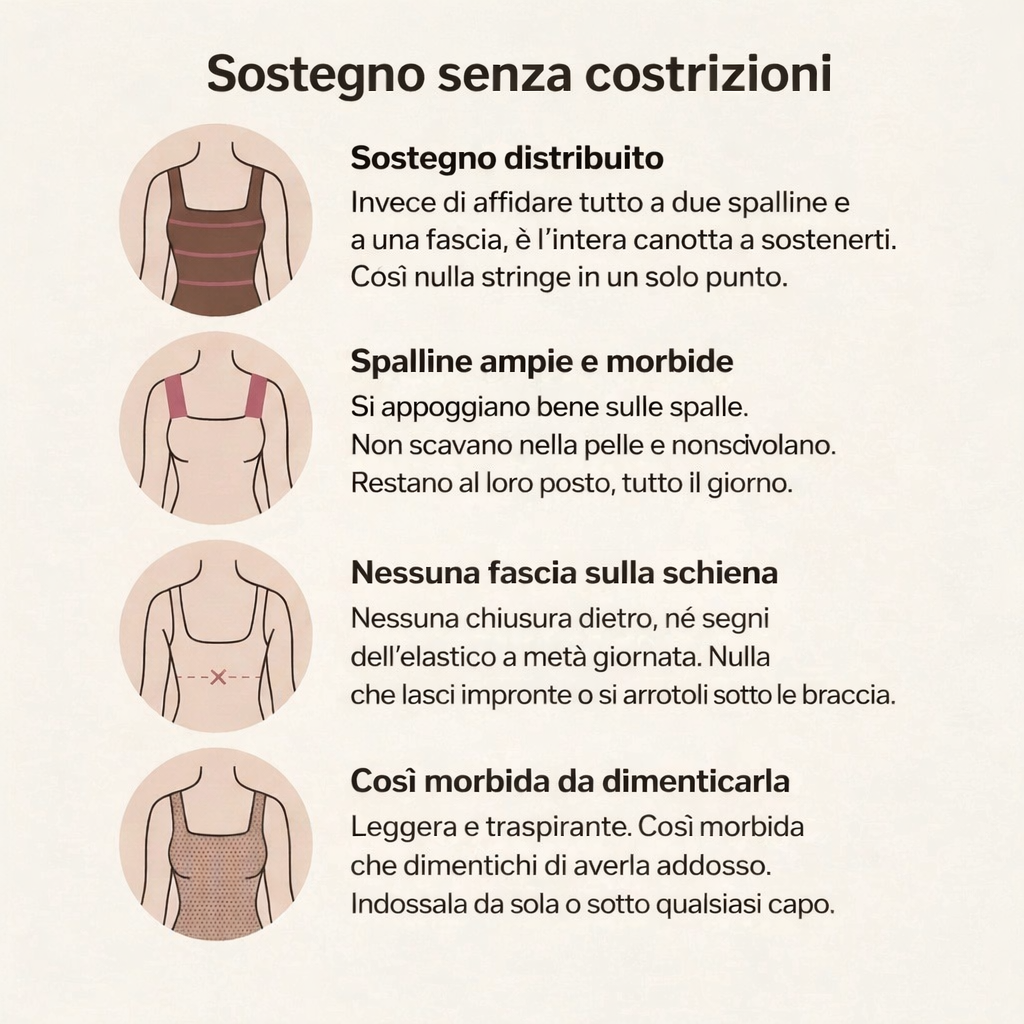 Sostegno senza costrizioni: sostegno distribuito, spalline morbide, schiena senza fascia e tessuto traspirante