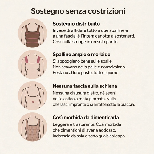 Sostegno senza costrizioni: sostegno distribuito, spalline morbide, schiena senza fascia e tessuto traspirante